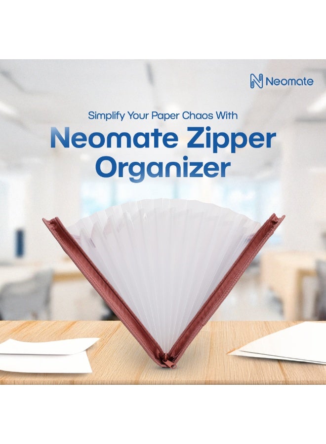 Neomate 13-Pocket Expanding File Folder with Sticky Labels | A4/Letter Size Accordion Organizer with Zipper Closure | Certificate and Document Storage for Home, School, Office (Brown) - Image 2